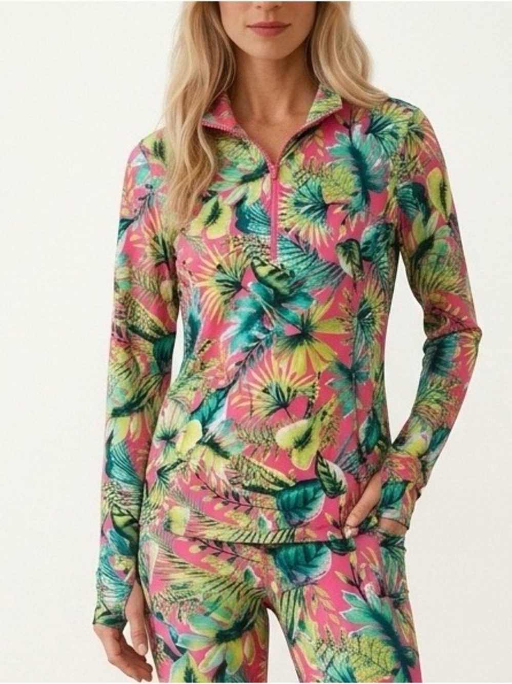 Tommy Bahama Pink Tropical Leaf Half-Zip Top